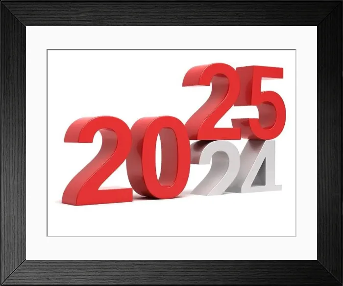 Framed Print : Transition from 2024 to 2025 in red and white numbers Framed Print : Transition from 2024 to 2025 in red and white numbers