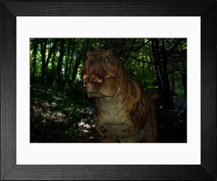 Framed Print : Tyrannosaurus rex (T Rex) dinosaur superimposed in a dark forest environment Framed Print : Tyrannosaurus rex (T Rex) dinosaur superimposed in a dark forest environment