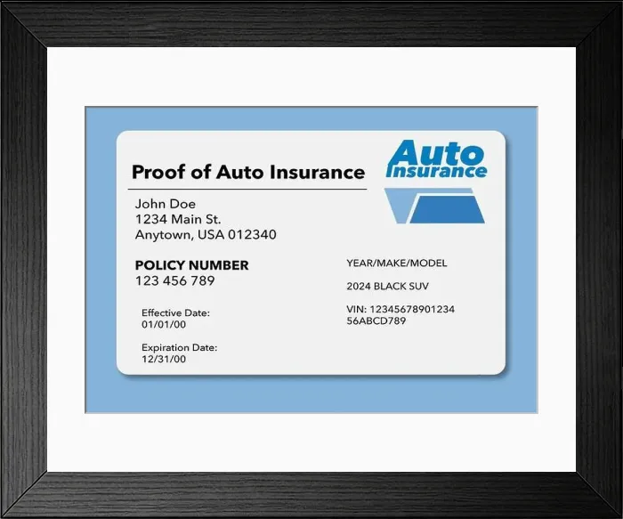 Framed Print : A proof of automobile insurance card that is a mock, generic card is seen in a 3-d illustration. Auto insurance proof Framed Print : A proof of automobile insurance card that is a mock, generic card is seen in a 3-d illustration. Auto insurance proof