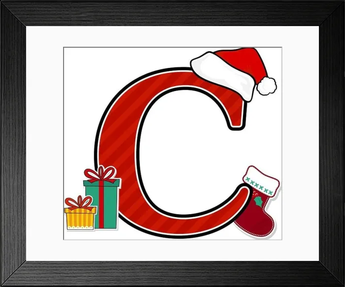 Framed Print : capital letter c with red santa's hat and christmas design elements isolated on white background Framed Print : capital letter c with red santa's hat and christmas design elements isolated on white background