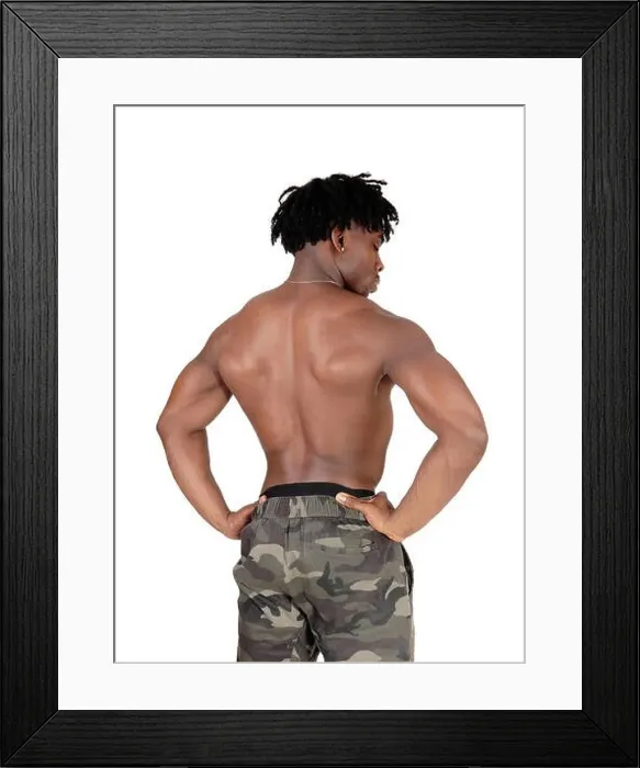 Framed Print : Muscular black man standing shirtless from the back Framed Print : Muscular black man standing shirtless from the back
