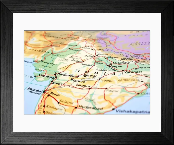 Framed Print : India map with mountains and rivers Framed Print : India map with mountains and rivers