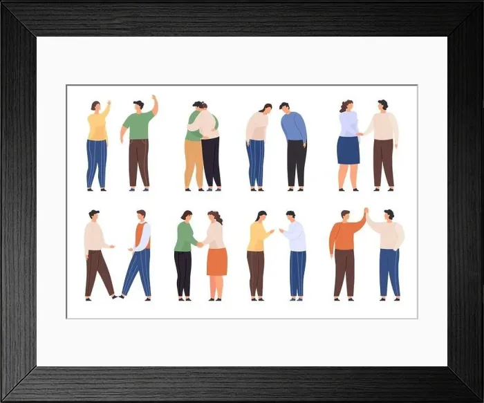 Framed Print : Characters with greeting gestures Framed Print : Characters with greeting gestures