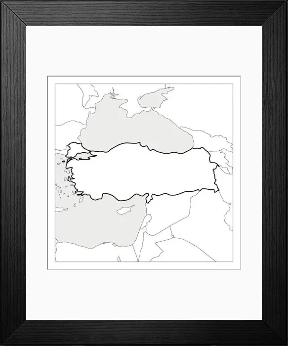 Framed Print : Map of Turkey black thick outline highlighted with neighbor countries Framed Print : Map of Turkey black thick outline highlighted with neighbor countries