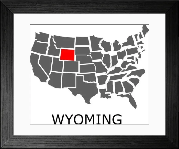Framed Print : Bordering map of USA with State of Wyoming marked with red color Framed Print : Bordering map of USA with State of Wyoming marked with red color