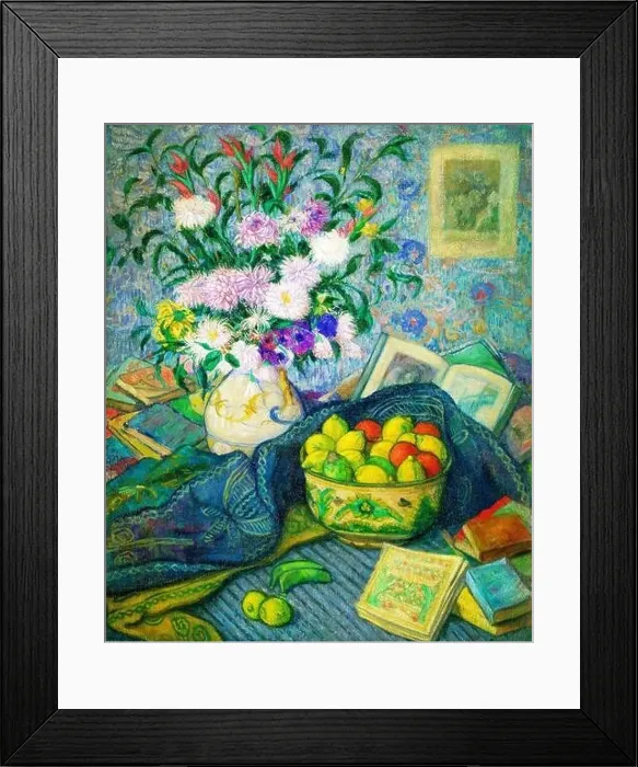 Framed Print : Vase with Bananas, Lemons and Books by the Spanish artist, Juan de Echevarría (1875-1931), oil on canvas, c. 1917 Framed Print : Vase with Bananas, Lemons and Books by the Spanish artist, Juan de Echevarría (1875-1931), oil on canvas, c. 1917