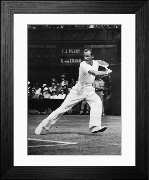 Framed Print : Fred Perry plays a tennis match in Wimbledon, 1936 Framed Print : Fred Perry plays a tennis match in Wimbledon, 1936