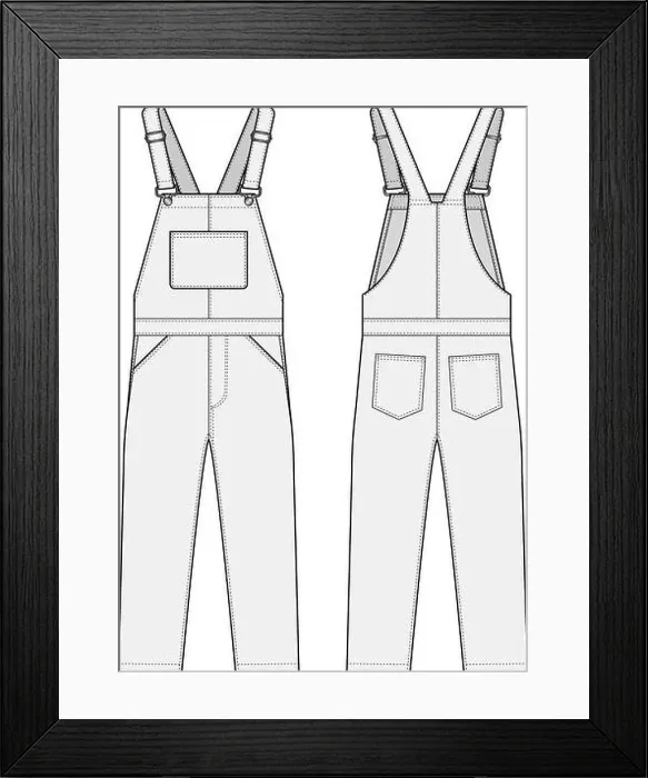 Framed Print : Denim overall jumpsuit vector template illustration