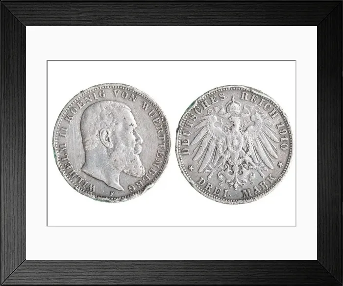 Framed Print : Antique Silver Germany coin (1910) isolated over white background