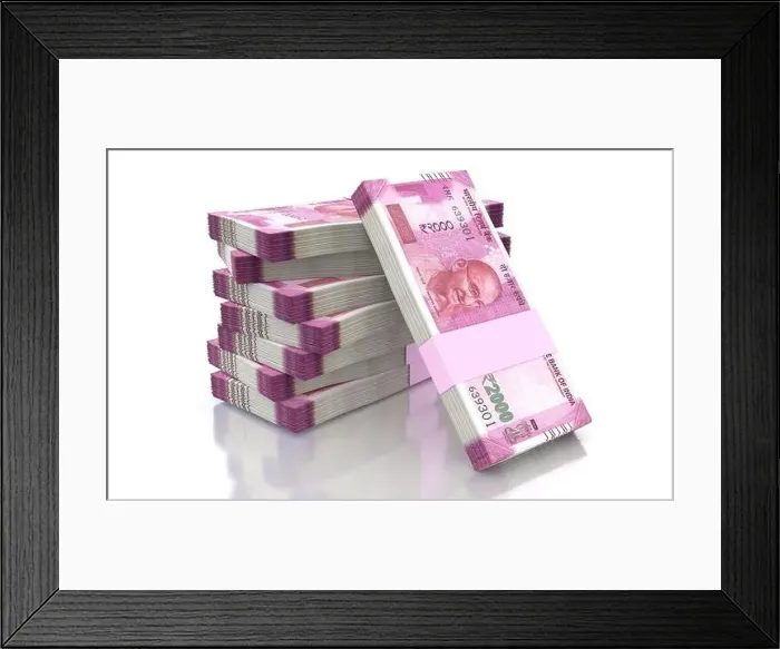 Framed Print : Indian Rupee 2000 Currency Note Bundles isolated on White Background - 3D Illustration Render Framed Print : Indian Rupee 2000 Currency Note Bundles isolated on White Background - 3D Illustration Render