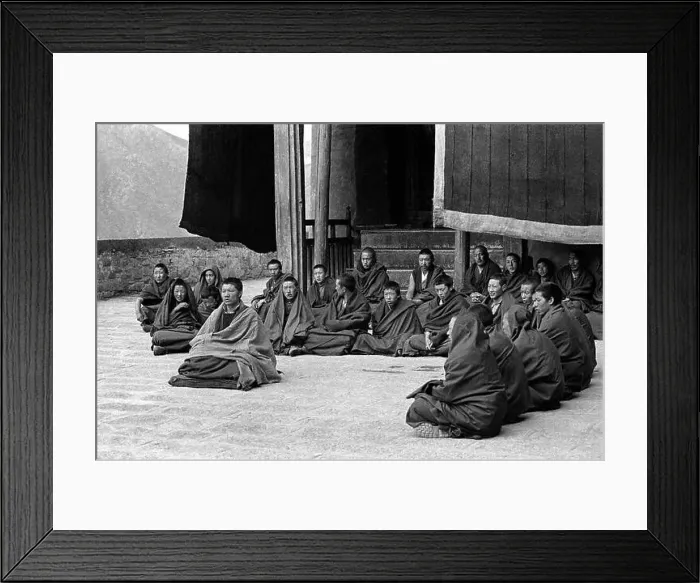 Framed Print : Monks at Drigung Monastery in central Tibet make prayers for the dead at this sky burial location - Tibet 1995
