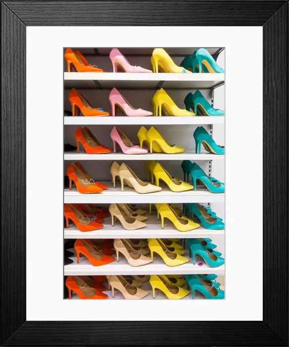 Framed Print : High heel shoes on display in Primark store uk Framed Print : High heel shoes on display in Primark store uk