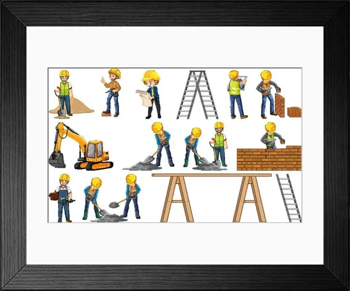 Framed Print : Construction worker set with man doing different jobs illustration Framed Print : Construction worker set with man doing different jobs illustration