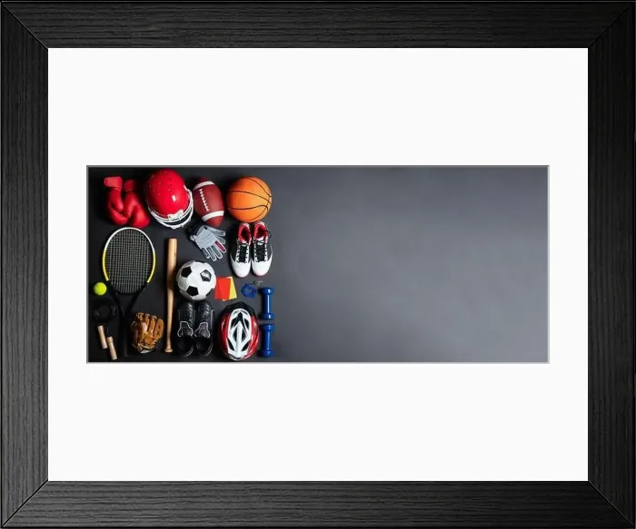 Framed Print : An Overhead View Of Different Sports Equipment On Gray Background Framed Print : An Overhead View Of Different Sports Equipment On Gray Background
