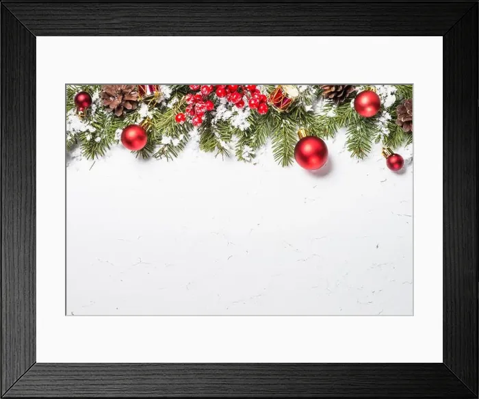 Framed Print : Christmas background. Red christmas decorations with snow and fir tree branch on white marble table Framed Print : Christmas background. Red christmas decorations with snow and fir tree branch on white marble table
