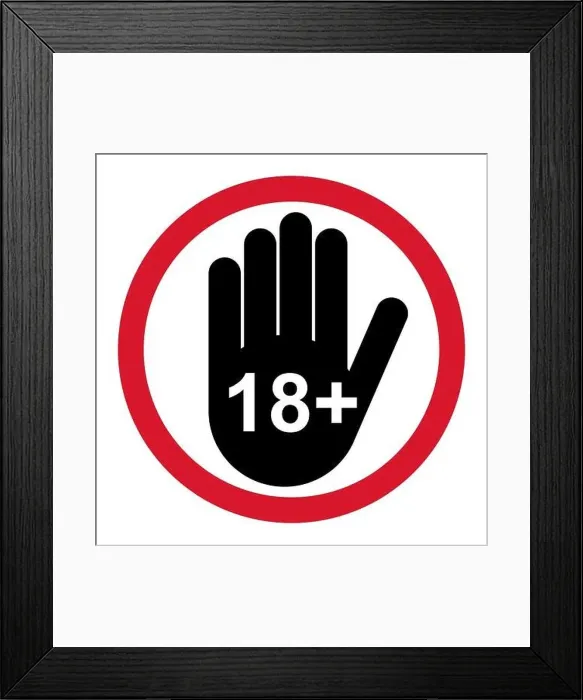 Framed Print : 18+ restriction flat sign with hand isolated on white background Framed Print : 18+ restriction flat sign with hand isolated on white background