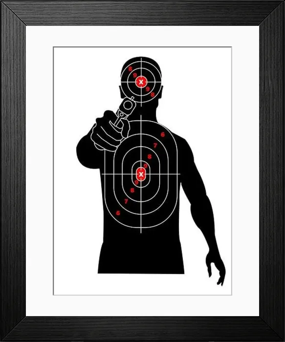 Framed Print : Target shooting. Silhouette of a man with gun in his hand, criminal, delinquent. Target on his chest and head Framed Print : Target shooting. Silhouette of a man with gun in his hand, criminal, delinquent. Target on his chest and head
