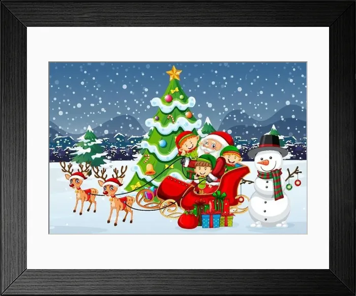 Framed Print : Santa Claus on sleigh with reindeer and many kids wear elf costume in snow scene illustration Framed Print : Santa Claus on sleigh with reindeer and many kids wear elf costume in snow scene illustration