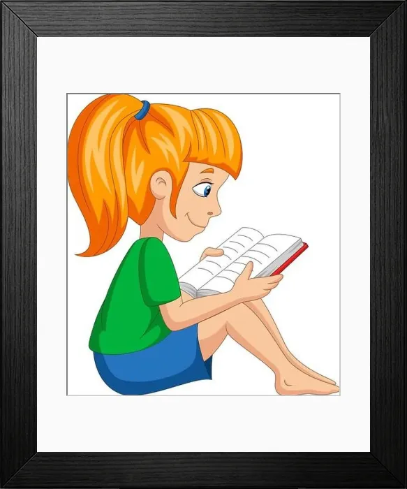 Framed Print : Cartoon little girl reading a book Framed Print : Cartoon little girl reading a book