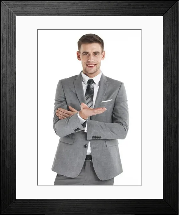Framed Print : Young business man use hand to hold something isolated on white background Framed Print : Young business man use hand to hold something isolated on white background