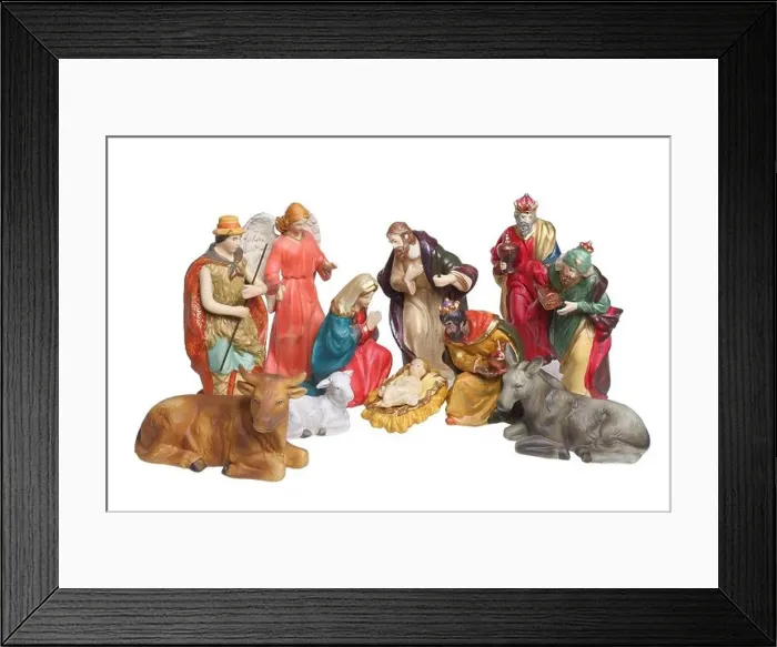 Framed Print : Nativity scene figures cutout isolated on white background Framed Print : Nativity scene figures cutout isolated on white background
