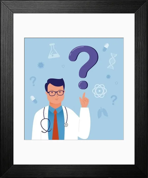 Framed Print : Ask the doctor. Doctor, medical professional is standing in front a question mark Framed Print : Ask the doctor. Doctor, medical professional is standing in front a question mark
