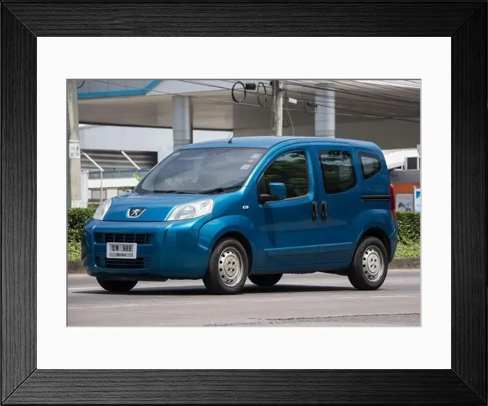 Framed Print : Chiangmai, Thailand - April 21 2022: Mini Van Peugeot Bipper Metro. On road no.121 in chiangmai city Framed Print : Chiangmai, Thailand - April 21 2022: Mini Van Peugeot Bipper Metro. On road no.121 in chiangmai city