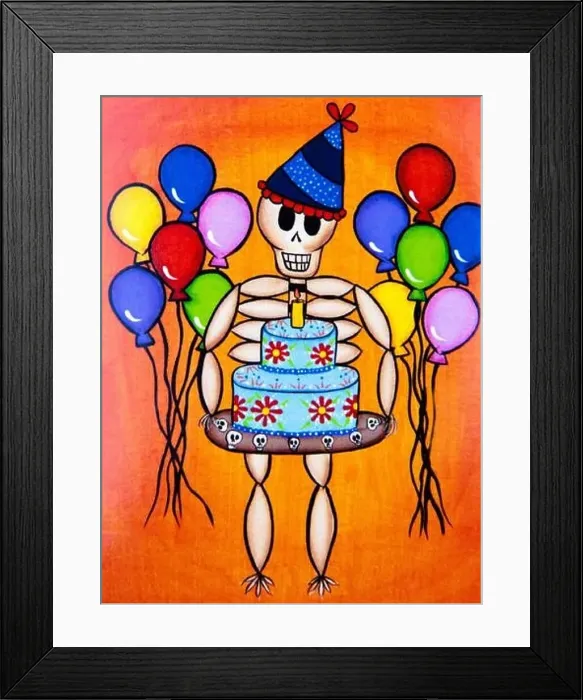 Framed Print : Day of the Dead image; photographic illustration; a male skeleton celebrating a birthday