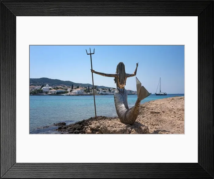 Framed Print : Mermaid Sculpture at entrance to Harbor on Island of Spetses, Argolida, Peloponnese, Greece Framed Print : Mermaid Sculpture at entrance to Harbor on Island of Spetses, Argolida, Peloponnese, Greece
