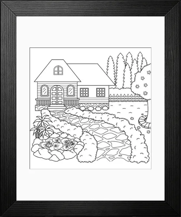 Framed Print : Hand drawn beautiful house and garden for design element and coloring book page. Vector illustration Framed Print : Hand drawn beautiful house and garden for design element and coloring book page. Vector illustration