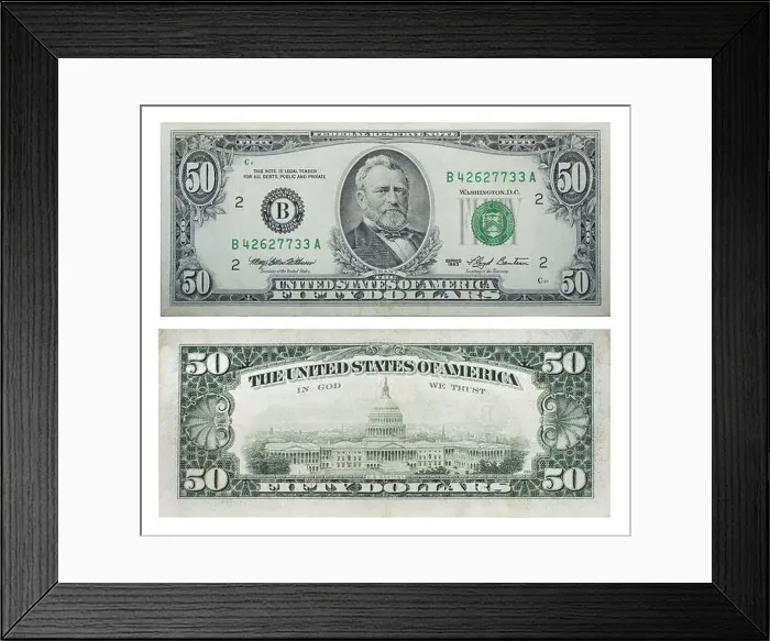 Framed Print : 50 American dollars of the old sample - 1993, front side and backside Framed Print : 50 American dollars of the old sample - 1993, front side and backside