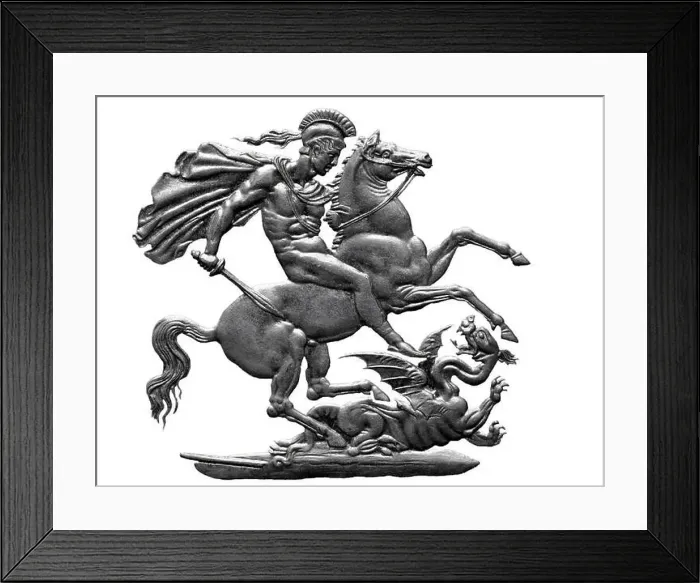 Framed Print : St. George slaying the dragon from 5 shillings coin, UK, 1951, on white background Framed Print : St. George slaying the dragon from 5 shillings coin, UK, 1951, on white background