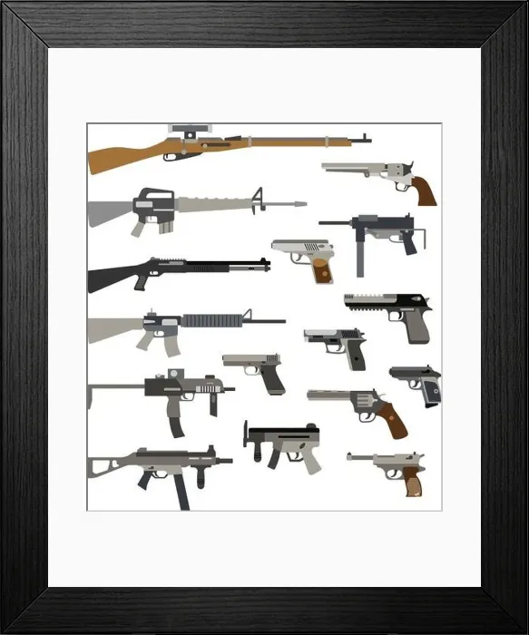 Framed Print : Different automatic weapons. Vector illustration of guns and pistols Framed Print : Different automatic weapons. Vector illustration of guns and pistols