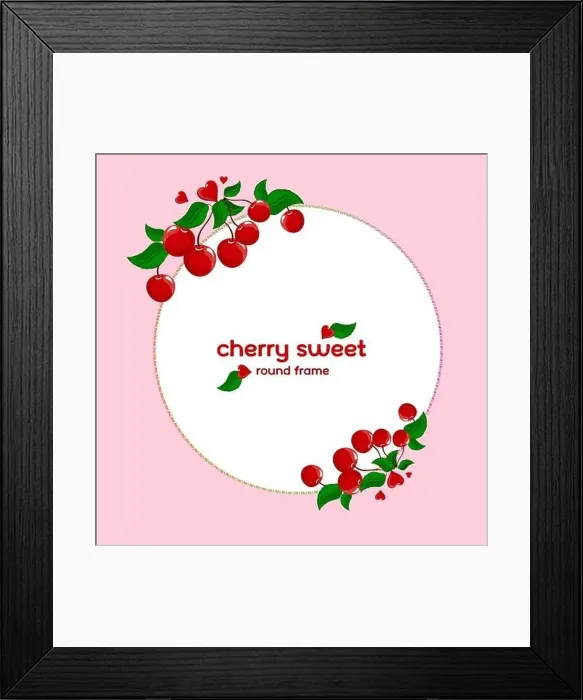Framed Print : Round frame with cherries. Cherry berries and leaves. Frame for text Framed Print : Round frame with cherries. Cherry berries and leaves. Frame for text