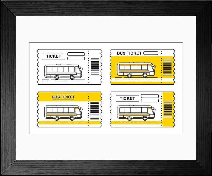 Framed Print : Bus travel ticket, autobus public transport pass outline icon set Framed Print : Bus travel ticket, autobus public transport pass outline icon set