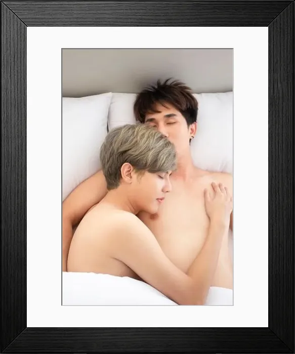 Framed Print : LGBT concept gay couples love Asian men cuddling in bed