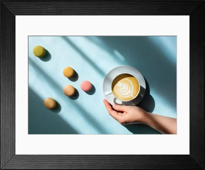 Framed Print : Morning coffee in a woman's hand with delicious macaroons scattered around in the sunlight Framed Print : Morning coffee in a woman's hand with delicious macaroons scattered around in the sunlight