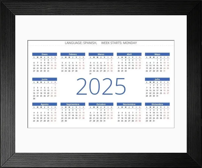Framed Print : Spanish 2025 year month calendar. Printable vector illustration for Spain Framed Print : Spanish 2025 year month calendar. Printable vector illustration for Spain