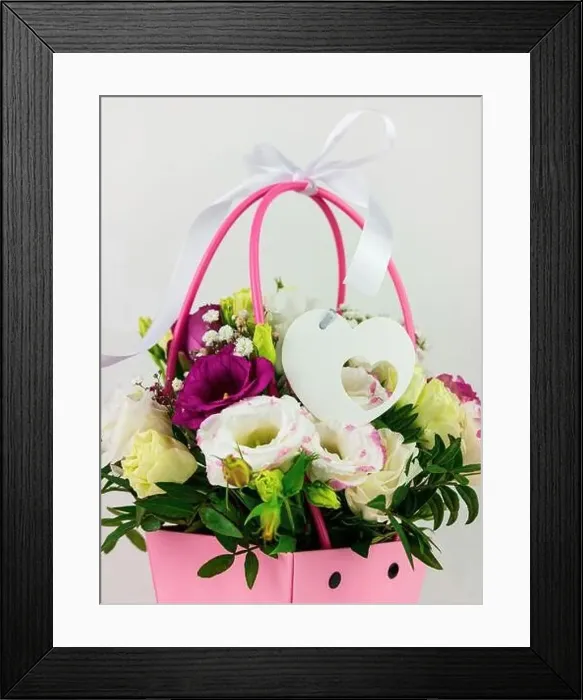Framed Print : Beautiful white Eustoma Gypsophila flowers bouquet in pink pastel basket dark background. Floral gift blooming wallpaper Framed Print : Beautiful white Eustoma Gypsophila flowers bouquet in pink pastel basket dark background. Floral gift blooming wallpaper