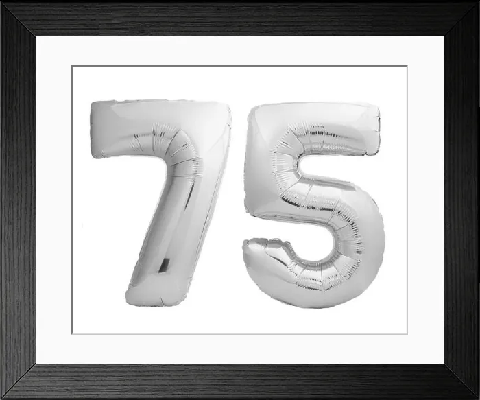 Framed Print : Silver chrome number 75 seventy five made of inflatable balloon on white Framed Print : Silver chrome number 75 seventy five made of inflatable balloon on white