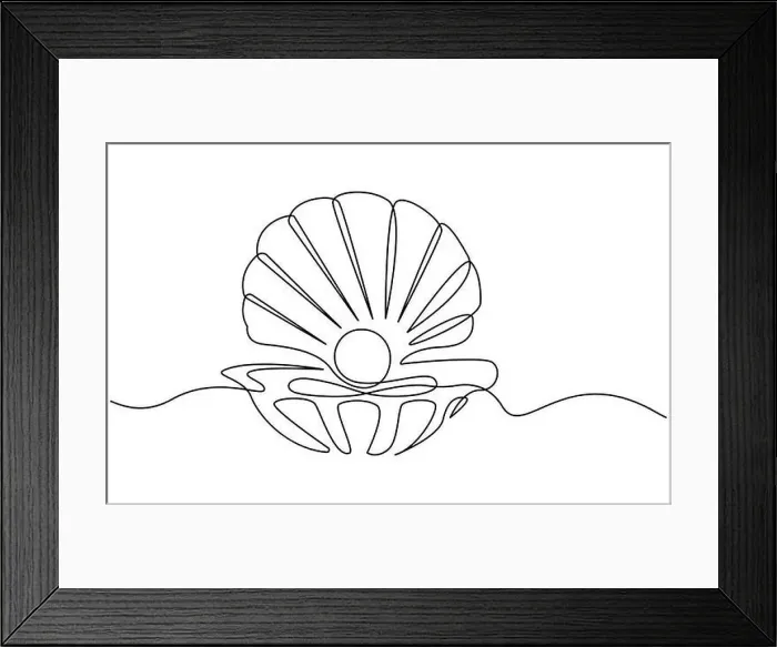 Framed Print : Continuous one line drawing of open oyster shell with pearl