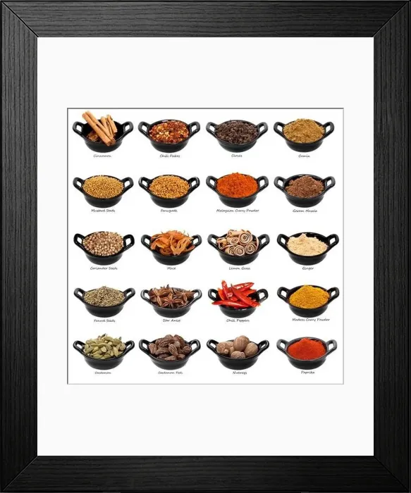 Framed Print : Lots of spices in small black dishes, with names beneath. XXXL file Framed Print : Lots of spices in small black dishes, with names beneath. XXXL file