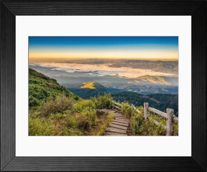 Framed Print : Tropical forest nature landscape view with toursits mountain range and moving cloud mist at Kew Mae Pan nature trail Framed Print : Tropical forest nature landscape view with toursits mountain range and moving cloud mist at Kew Mae Pan nature trail