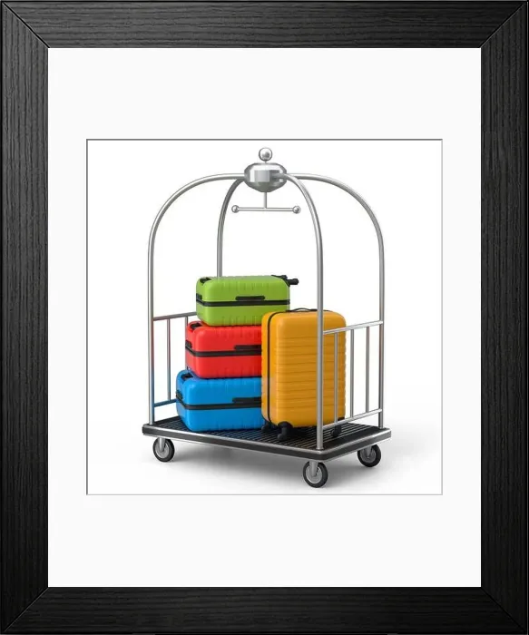 Framed Print : Regular polycarbonate suitcase on hotel trolley cart for carrying baggage on white background Framed Print : Regular polycarbonate suitcase on hotel trolley cart for carrying baggage on white background