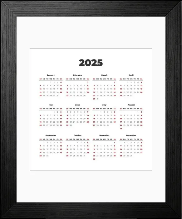 Framed Print : Simple vector calendar on 2025. Start from Sunday Framed Print : Simple vector calendar on 2025. Start from Sunday