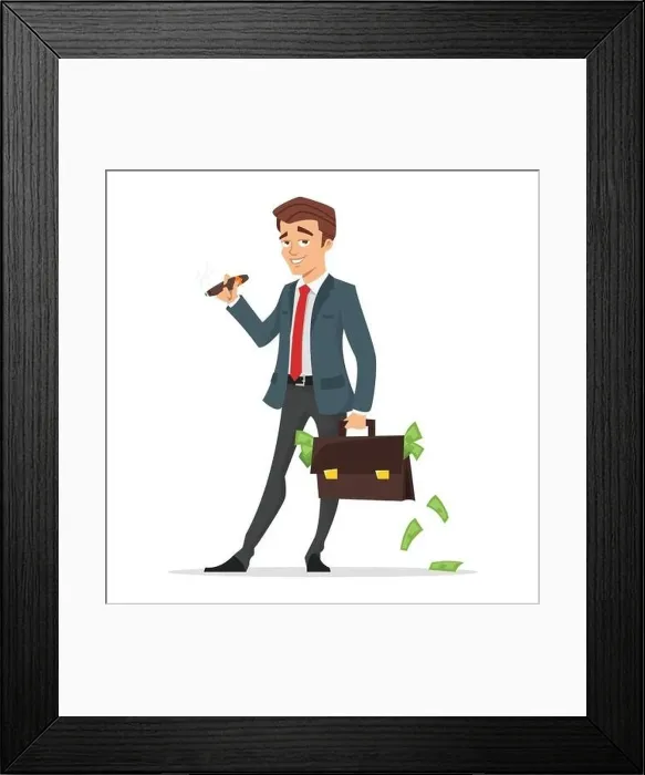 Framed Print : Vector cartoon style illustration of successful businessman holding a case full of money. Isolated on white background Framed Print : Vector cartoon style illustration of successful businessman holding a case full of money. Isolated on white background