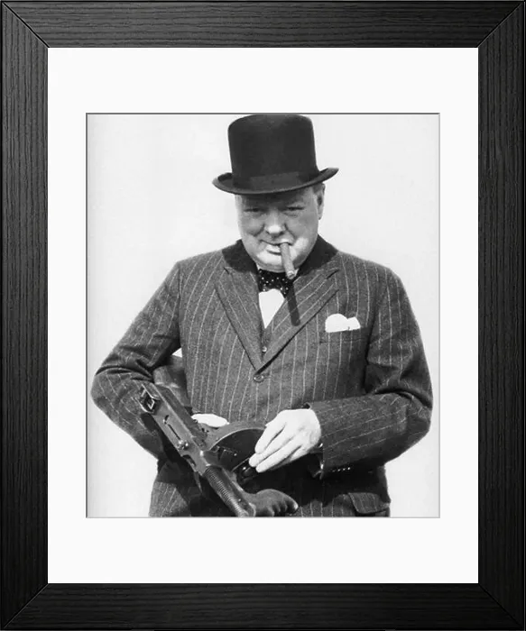 Framed Print : Sir Winston Churchill wartime image with a Tommy gun Framed Print : Sir Winston Churchill wartime image with a Tommy gun
