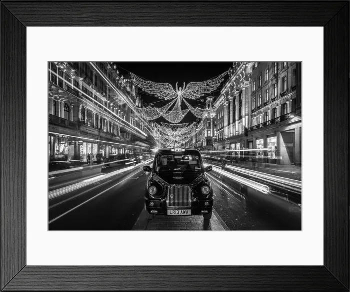 Framed Print : Black and white golden angel christmas decorations on Regent Street Framed Print : Black and white golden angel christmas decorations on Regent Street