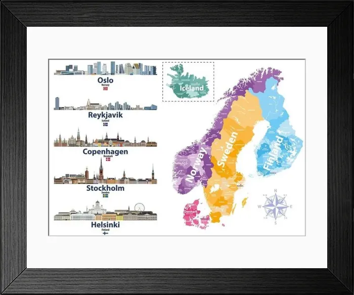 Framed Print : Scandinavian countries map with capital cities skylines icons. Vector illustration Framed Print : Scandinavian countries map with capital cities skylines icons. Vector illustration