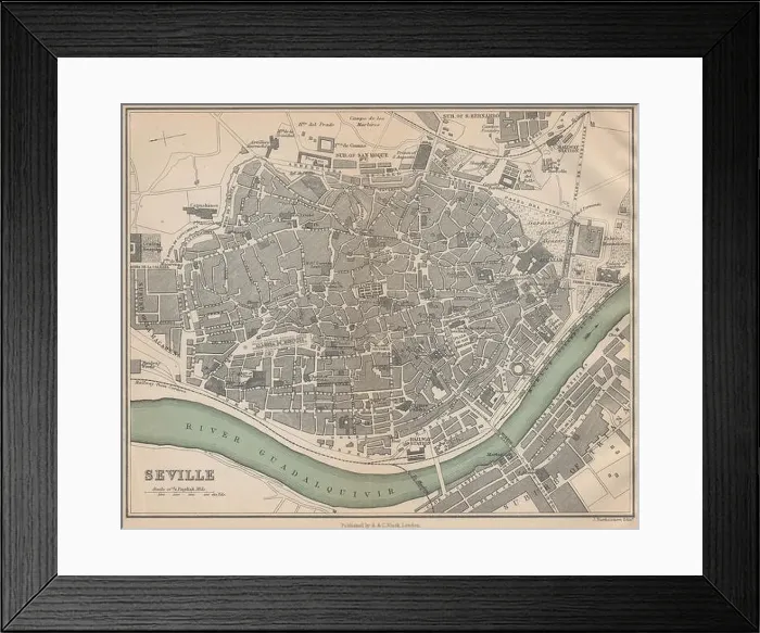 Framed Print : SEVILLE SEVILLA. Vintage town city map plan. Spain, 1899 Framed Print : SEVILLE SEVILLA. Vintage town city map plan. Spain, 1899